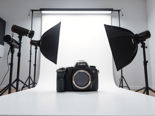 High-end electronic devices arranged on clean white surface, modern technology products, professional photography, bright studio lighting