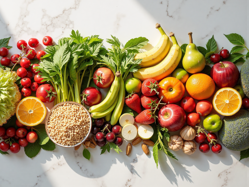 Fresh food products arranged in attractive display, organic produce, professional food photography, vibrant colors, natural lighting