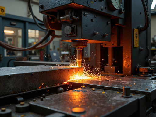 Industrial machinery equipment in factory setting, heavy manufacturing tools, professional industrial environment, natural lighting