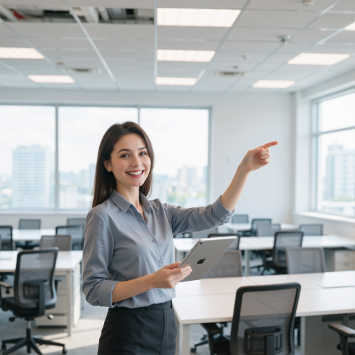 Thirty-eight year old female marketing director in business casual attire, friendly professional smile, modern office background, natural daylight